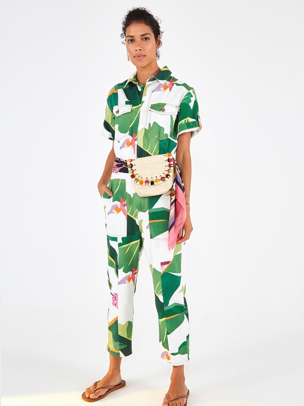 FARM Rio Tropicalistic Leaf Print Short-Sleeve Jumpsuit, Small